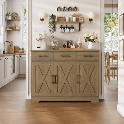 HOSTACK Kitchen Buffet Cabinet with Storage, Sideboard Coffee Bar, Brown | Farmhouse Kitchen Storage Cabinet with 3 Drawers & Adjustable Shelf, 42.5"W Buffet Table for Dining Living Room - color: Rustic Brown