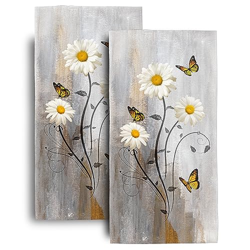 Daisy Flower and Butterfly Hand Towels for Bathroom Decor Set of 2,White Floral Decorative Bath Towels Soft Absorbent Hand Towel for Bathroom Kitchen Home Farmhouse Gym Yoga Spa 14"x28" - color: Floral Butterfly
