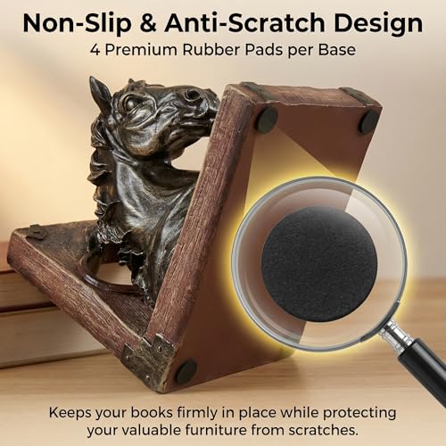 Heavy Duty Horse Bookends, 2.91lbs Resin Elegant Decorative Book Ends with Non-Slip Pads, Classic Animal Bookends for Bookshelf Office Desk Decor, Meaningful Home Décor Gift (Pair, 7.5") | Heavy Duty Weighted Design with Non-Slip Pads, Classic Animal Deco