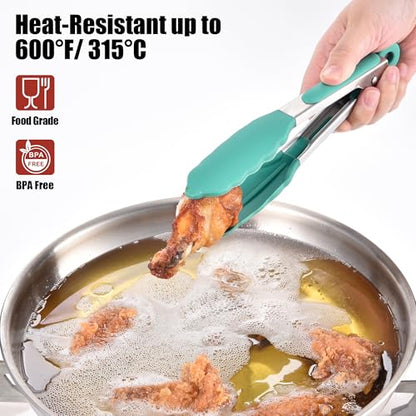 Doosu 7in Kitchen Tong for Cooking - 600°F Heat Resistant Food Tong with Non-Scratch Silicone Tips & 600°F Heat Resistant Silicone Spatula Set of 2 for Kitchen Cooking Baking Stirring (Aqua Sky)