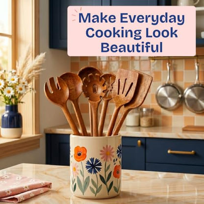 Non-Toxic Acacia Wooden Utensils Set, 6-Piece, Glue and Mineral Oil Free | One-piece solid wood. No hidden adhesives. Petroleum free. Finished with beeswax, flaxseed & lemon oil. Longer handles.