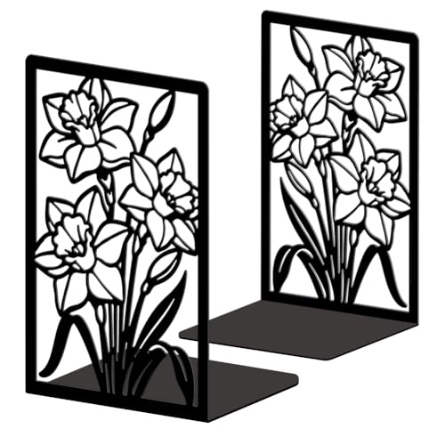 5.3"x4.3"x7.9" Metal Bookends, Heavy Duty Book Ends for Shelves | Daffodils Theme Cast Iron Book Supports, 1 Pair Decor Stoppers for Desk, Library, Office & Home Shelves - style: Daffodils