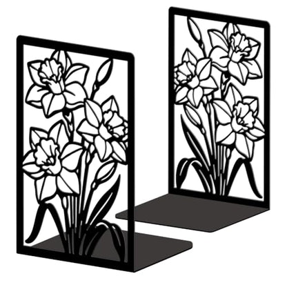 5.3"x4.3"x7.9" Metal Bookends, Heavy Duty Book Ends for Shelves | Daffodils Theme Cast Iron Book Supports, 1 Pair Decor Stoppers for Desk, Library, Office & Home Shelves - style: Daffodils