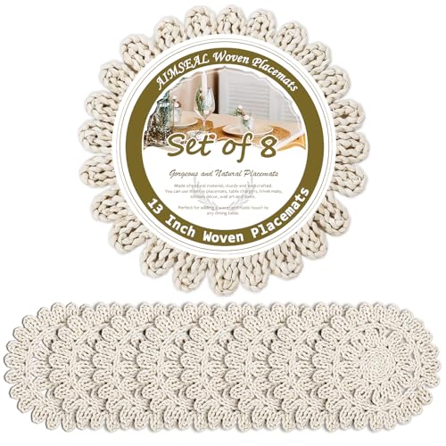 13" Round Placemats Set of 8, Corn Husk Woven Placemat, Rustic White Place Mats for Dining Table Decor, Boho Rattan Wicker Plate Chargers for Wedding Dinner Party
