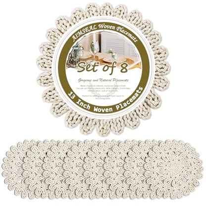 13" Round Placemats Set of 8, Corn Husk Woven Placemat, Rustic White Place Mats for Dining Table Decor, Boho Rattan Wicker Plate Chargers for Wedding Dinner Party