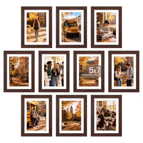 upsimples 5x7 Picture Frame Set of 10, Display Pictures 4x6 with Mat or 5x7 Without, Multi Photo Frames Collage for Wall or Tabletop Display, Brown | Small Frame Fit 4x6 and 5 x 7 Photos, Wall or Tabletop Display, For Gallery Hallway Living Room, For Chri