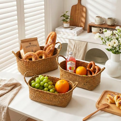Elsjoy Set of 3 Woven Seagrass Baskets with Handles, Oval Wicker Woven Storage Baskets, Rattan Shelf Basket for Fruit, Bread, Kitchen