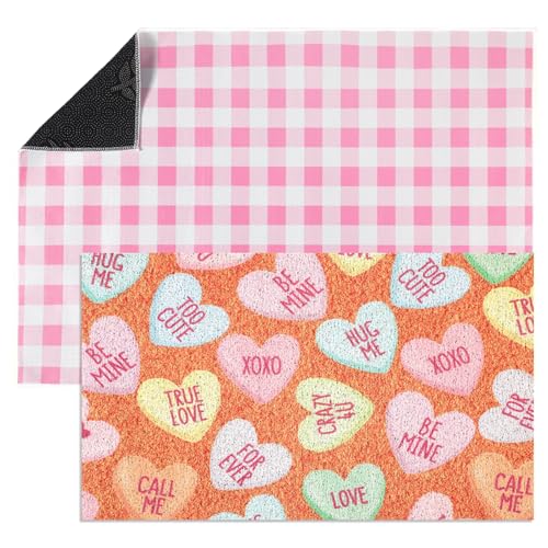 2 Pcs Valentine's Day Doormats Conversation Heart Layered Front Door Mats Non Slip Floor Coir Rugs Layered Pink Buffalo Plaid Doormats for Porch Entryway Indoor Outdoor Home Decor - style: Heart
