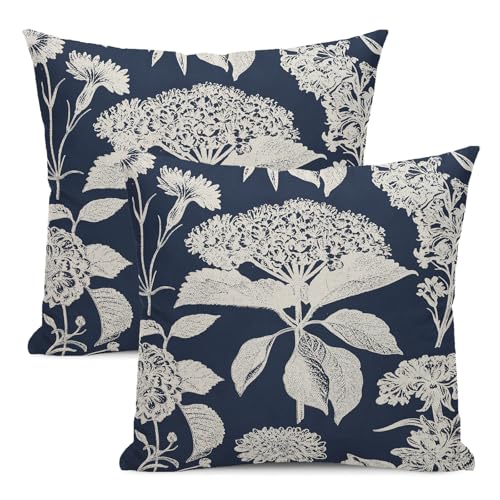Floral Pillow Covers 18x18 Set of 2 Blue Beige Hydrangea Herbs Botanical Throw Pillow Covers Outdoor Decor Vintage Boho Flower Pillowcase Farmhouse Decorative Linen Cushion Case for Couch Sofa - color: Blue-vintage Floral, size: 18" x 18" (Pack of 2)
