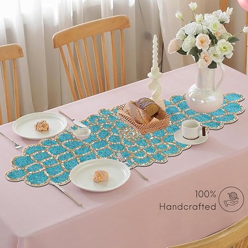 Beaded Table Runner, Blue & Gold, 13x36 | Handmade floral pattern, 85% glass beads, polyester backing, non-slip, dining/console/coffee table, weddings, holidays - color: Teal Gold, size: 36"x13"