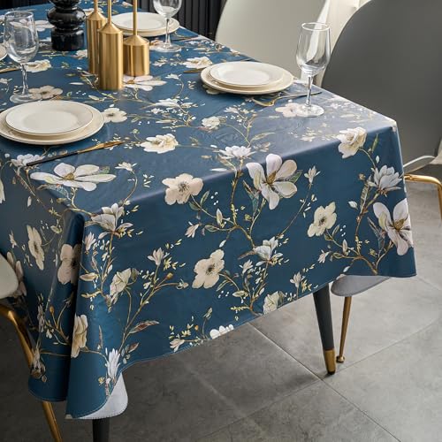 Pioggia Vinyl Tablecloth with Flannel Backing - Waterproof, Oil-Proof, Easy to Clean -Rectangle Plastic Table Cloth - Perfect for Dining Tables, Kitchen Tables, Parties - color: Blue Flower, size: 102" x 60" (Rectangular)