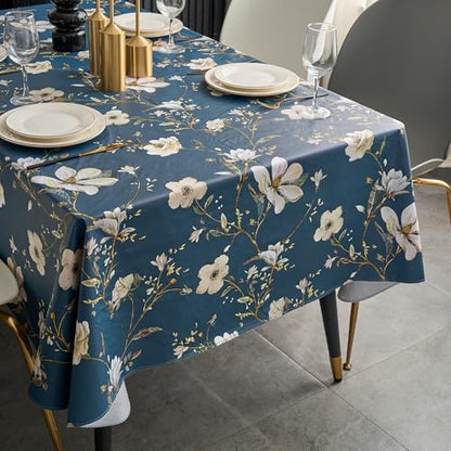 Pioggia Vinyl Tablecloth with Flannel Backing - Waterproof, Oil-Proof, Easy to Clean -Rectangle Plastic Table Cloth - Perfect for Dining Tables, Kitchen Tables, Parties - color: Blue Flower, size: 102" x 60" (Rectangular)