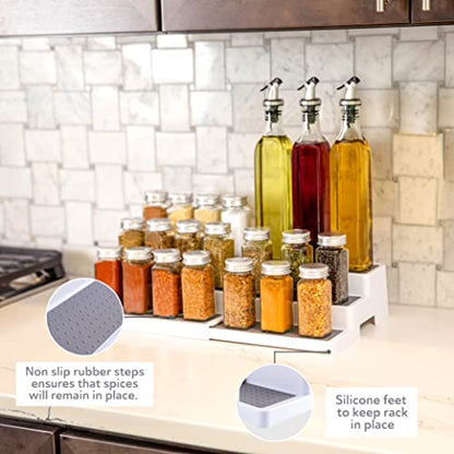 Oizeir Plastic 3-Tier Expandable Spice Rack, Adjustable Length, Stability with Non-Skid Shelf, For Easy Visibility, Organizer for Kitchen Cabinet, Pantry or Countertop, (2-Pack), White/Grey | Expandable Plastic Spice Rack Organizer, Adjustable Length 3 Ti