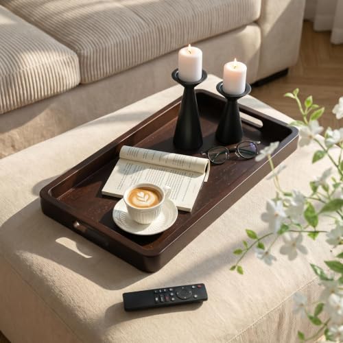 Hanobe 20" Large Wooden Ottoman Serving Trays for Coffee Table Decor | Walnut Big Decorative Tray with Handles for Modern Farmhouse Living Room Decor