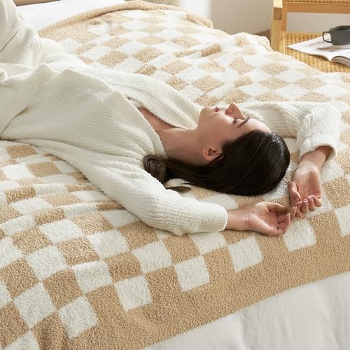 Snuggle Sac Checkered Bedding Blanket Twin Size 60x80, Super Soft, Cozy Warm Knit Blankets, Reversible Breathable Lightweight Fluffy Throws for Sofa, Bed, Checkered Beige, 60x80 Inches - color: Checkered Beige, size: Twin(60"x 80")