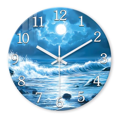 XFM Blue Wall Clock Battery Operated 12 Inch Moon Ocean Wave | Silent Non Ticking Round Analog Modern Nature Decorative for Kitchen Bedroom Bathroom Decor - color: Blue, size: 12 Inch