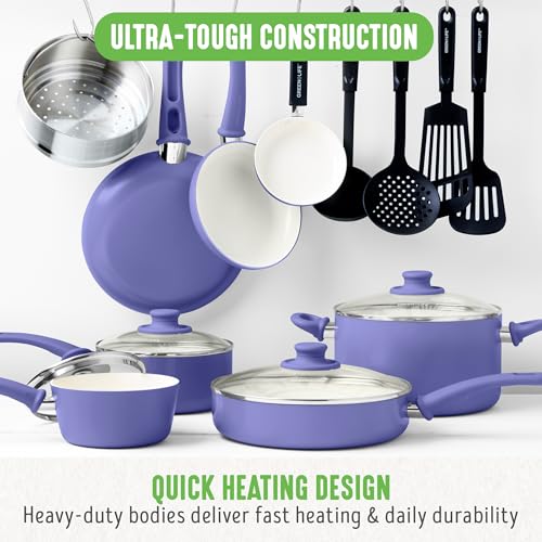 GreenLife 16 Piece Ceramic Nonstick Pots & Pans Cookware Set, Periwinkle | PFAS-Free Nonstick Coating, Stockpot, Frying Pans, Saucepans, Sauté Pan, Stay-Cool Handles, Dishwasher & Oven Safe up to 350F - color: Periwinkle, style: Soft Grip