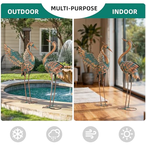 36.8" Metal Crane Garden Statue, Extra-Large Heron Yard Art | Handcrafted Blue Heron with U-ground Stakes for Stability. Weatherproof Iron Bird Art for Backyard, Lawn, Pond, or Patio. - color: 36" -Weathered Copper Blue