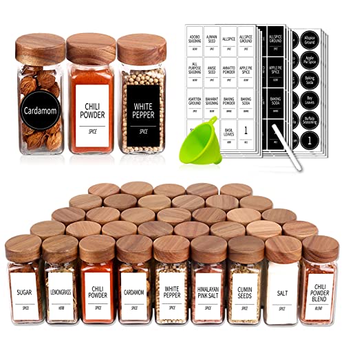 Churboro 36 Pack 4oz Glass Spice Jars with 547 Labels, Acacia Wood Lids | Empty Square Spice Bottles with Acacia Wood lids, Labels, Funnel & Chalk Pen. Keep Seasoning Containers Neat and Organized