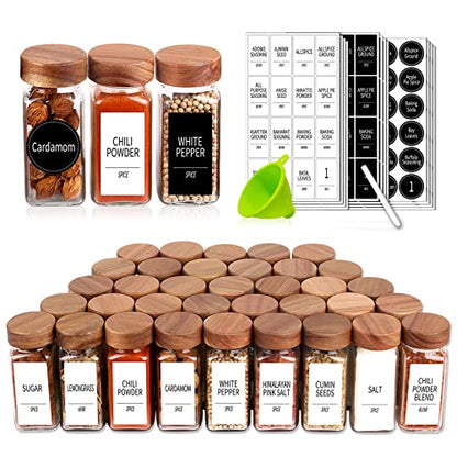Churboro 36 Pack 4oz Glass Spice Jars with 547 Labels, Acacia Wood Lids | Empty Square Spice Bottles with Acacia Wood lids, Labels, Funnel & Chalk Pen. Keep Seasoning Containers Neat and Organized