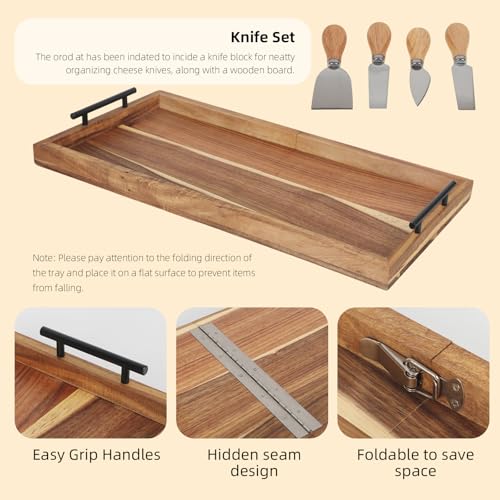 32" Extra Large Foldable Acacia Wood Charcuterie Board with Handles, Oversized Ottoman Tray with 4 Cheese Knives & Knife Holder, Folding Wooden Serving Tray for Cheese, Meat, Fruit, Bread, Kitchen