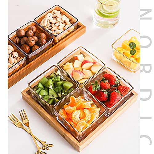 4 Compartment Glass Fruit Bowl with Wooden Tray Creative Snack Serving Tray Divided Serving Platter Reusable Ice Cream Cups Removable Salad Bowls for Snack Candy Nuts Desserts Transparent - color: Transparent, size: 4 Compartment