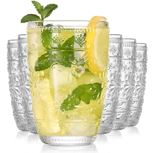 abrwyy Clear Glasses Drinking Set, 14oz Water Glasses, Vintage Glassware | Dishwasher Safe, Non-Slip, Lead-Free Glass, Home Decoration - color: Clear
