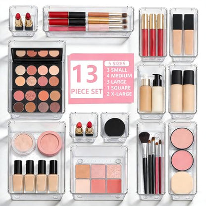 13 Pcs Desk Organizer Tray for Makeup, 5 Sizes Vanity Makeup Drawer Organizer Set, Non-Slip Desk Drawer Organizer Trays for Bathroom, Bedroom, Office, Fits Jewelry - size: 13Pack