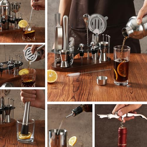 23-Piece Cocktail Shaker Set with Stand, 304 SS, Bartender Kit Gift | Complete Home Bar Set: Leak-proof Shaker, Jigger, Muddler, 18/8 Steel, Gift for beginners, cocktail lovers & house parties - color: chocolate-y
