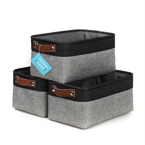 OrganiHaus 12x8in Canvas Storage Baskets, 3 Pack - Fabric Bins for Shelves | Vegan leather handles; a decorative pantry and office organizer, container for desk and books - color: Gray / Black, size: Small - 3pc