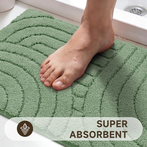 Pauwer Bathroom Rugs Sets 5 Piece, Absorbent Non Slip Bath Mat Set, Green | Machine Washable, Microfiber Plush, Quick Dry Runner, U Shaped Contour Toilet Rugs, Shower Mats and Toilet Lid Cover - color: Green