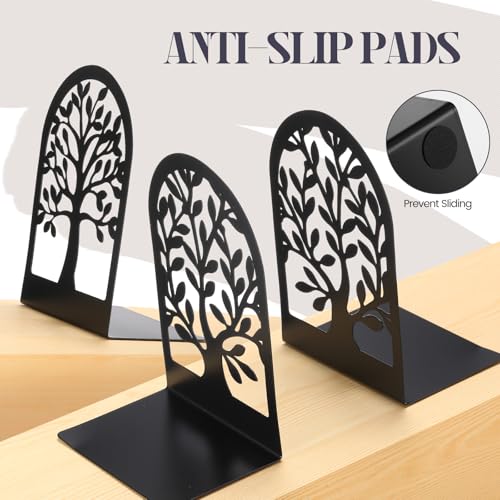 Feifeiya 6 Pairs Decorative Book Ends Metal Bookends for Shelves Black Metal Heavy Duty Book Ends Holder Supports Stoppers for Home Office School, 6.9x4.9x3.5”(Tree and Flower) - style: Tree and Flower