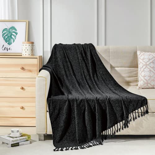 BOURINA Chenille Throw Blanket Boho Throw Outdoor Blanket,50x60Inch Black | Chenille Throw Blanket Textured Solid Soft Throws and Blankets for Sofa or Bed Knitted Decorative Blanket - color: Black, size: 50"×60"