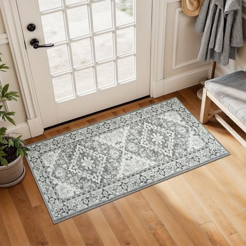 2 x 4 Entryway Rug Machine Washable Boho Area Rug for Bedroom, Grey | Faux Wool 0.25inch Low Pile Door Mat, Floral Medallion Vintage Indoor Outdoor Rugs Non-Slip, for Kitchen Bathroom Bedside - color: Grey Beige, size: 2' x 4' (Runner)