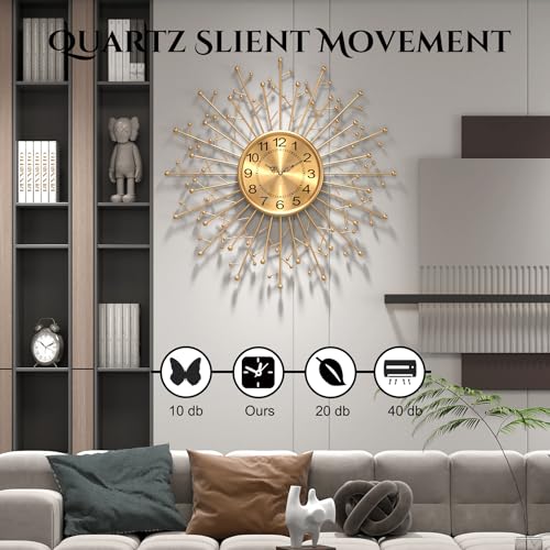 Large Modern Gold Wall Clock Decorative Mid Century Sunburst Branch Wall Clocks, Minimalism Metal Silent Clock, Luxury Home Gift Decor for Living Room, Bedroom, Dining Room, 24 inch - size: 5. Gold-Branch(Dismountable-60cm)