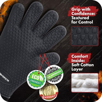 KITCHEN PERFECTION XL Silicone Smoker Oven Gloves-Extreme Heat Resistant BBQ Gloves-Handle Hot Food Right on Your Grill Fryer&Pit|Waterproof Grilling Cooking Baking Mitts|Superior Value Set+3 Bonuses | Waterproof, 5-Finger Design For A Better Grip, for Pi