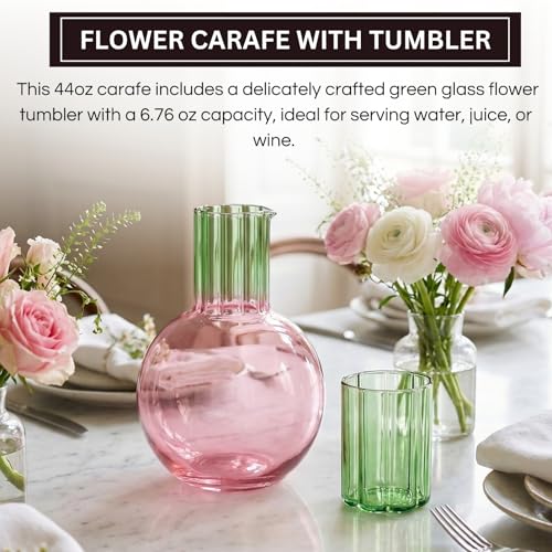 Cute Wave Flower Glass Carafe Bedside Water Pitcher & Cup Set - 44oz Handblown Round Pink Cherry Pitcher with 6.8oz Glass Green Flower Tumbler - Aesthetic Unique Fruit Glassware for Juice Wine & Water