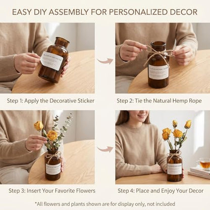 6.38 Inch 17oz Clear Glass Vase, Wide Mouth Flower Vase with Hemp Rope | Thickened Glass Body, Natural Hemp Rope, Smooth Wide Mouth, Stable Base, DIY Sticker Included, 2 Color Options - color: Amber