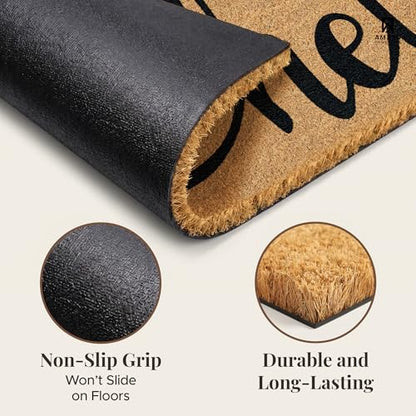 Coir Welcome Mat, Non-Slip, Hello Classic 2, 17 x 29 in | 100% Natural Coir, Anti-Shedding, Durable PVC Backing, Traps Dirt and Mud, Indoor and Outdoor Entryway, Easy to Clean - color: Hello Classic 2