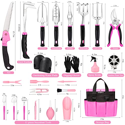 Pink Garden Tool Set Gardening Items for Women - 24PCS Heavy Duty Garden Tools with Detachable Storage Bag, Succulent Tool Set, Weeder - color: Pink