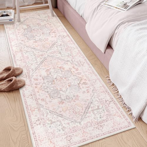 LIVEBOX Washable Runner 2x6 - Oriental Floral Kitchen Rug, Long Entryway, Low-Pile Vintage for Bedroom, Non-Skid Soft Carpet Throw for Bathroom Laundry Room Hallway Pink - color: Medallion Pink, size: 2' x 6' (Runner)