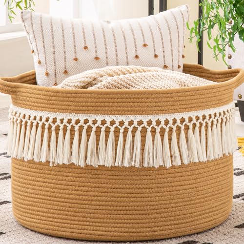 KAKAMAY Large Blanket Basket with Handles, Storage Basket for Living Room | Extra Large Capacity | Natural Cotton Rope | Blanket Storage | Woven Storage Basket | Stuffed Animal Storage | Laundry Basket - color: Brown Fringe