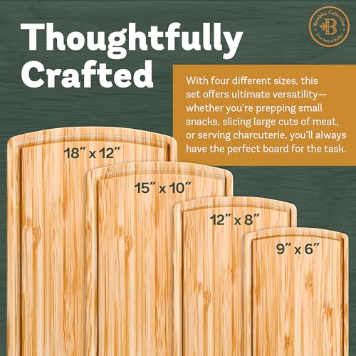 Bamboo Cutting Boards for Kitchen, Extra Large Wooden Chopping Board Set | Deep Juice Groove, Knife-Friendly, Side Handles, Reversible Butcher Block, for Serving, Meat, Veggies, Cheese, 4 Sizes - size: 4-Piece