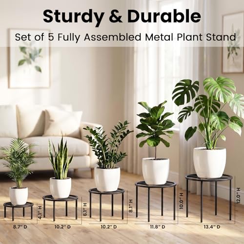 TOSKING 5-Pack Fully Assembled Heavy Duty Metal Plant Stands – Layered Indoor/Outdoor Display, Original Modern Geometric Flower Holder with Multiple Height Options, Rustproof, Adjustable Feet, 150-220 LBS Capacity, Sturdy & Durable for Outdoor, No Install
