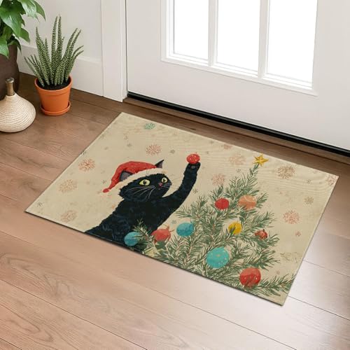 Christmas Black Cat Indoor Door Mat with Santa Hat and Tree, Welcome 29.5"×17" Non-Woven Floor Mat, Non-Slip Doormat Rug for Front Door, Porch, Bathroom, Kitchen, Home Decor, Gifts - color: 05