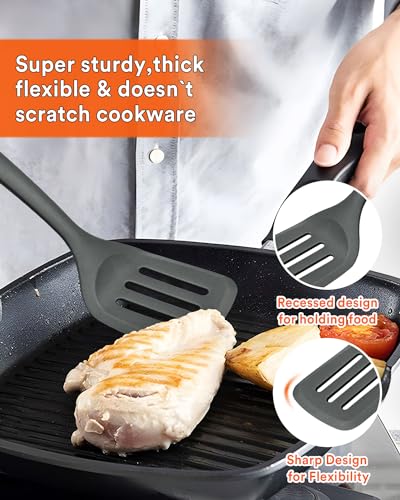 Kitchen Utensils Set, 13PCS Silicone Cooking Utensils, Heat Resistant Kitchen Utensil Spatula Set for Nonstick Cookware, Wooden Handles Kitchen Gadgets Tools Set - color: Gray