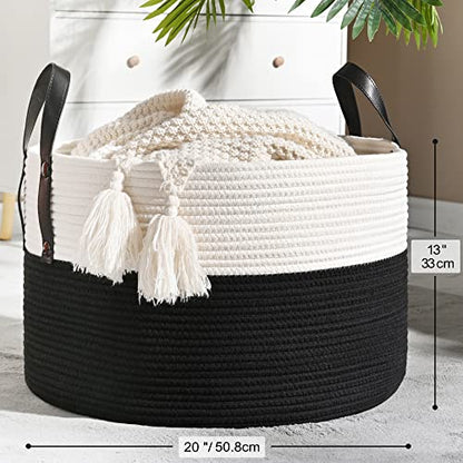 KAKAMAY Large Blanket Basket (20"x13"),Woven Baskets for storage Baby Laundry Hamper, Cotton Rope Blanket Basket for Living Room, Laundry, Nursery, Pillows, Baby Toy chest (White/Black) | Extra Large Capacity | Natural Cotton Rope | Blanket Storage | Wove