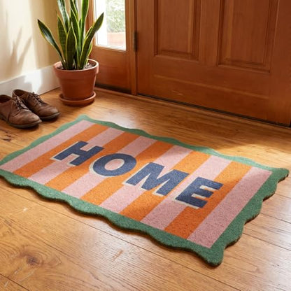 Scalloped Coir Welcome Doormat, 16 x 28 Inch Entrance Mat,Stripe,Classic | Cute Door Mat Decorative Non Slip, Heavy Duty Natural Coir Rug for Front Door, Porch, Patio, Garage