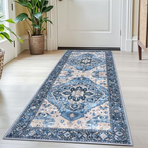 SIILOOM 2x5 Washable Runner Rug, Non Slip Soft Area Rug for Hallway Kitchen | Boho Vintage Door Mat Indoor Floor Carpet for Entryway Front Backdoor Laundry Bedside Bedroom, Easy Clean - color: Blue, size: 2' x 5' (Runner)