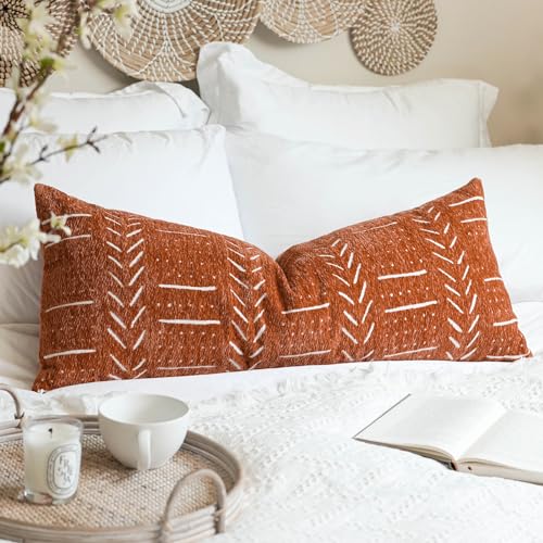 Boho Lumbar Throw Pillow Cover 14X36, Brick Red Decorative Long Accent Body Lumbar Pillow for Bed, Farmhouse Woven Soft Chenille Textured Lumbar Pillowcase for Couch (Cover ONLY) - color: Brick Red, size: 36" x 14" (Pack of 1)